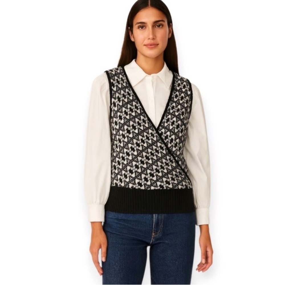 Anthropologie Black and White Printed V-Neck Sweater Vest